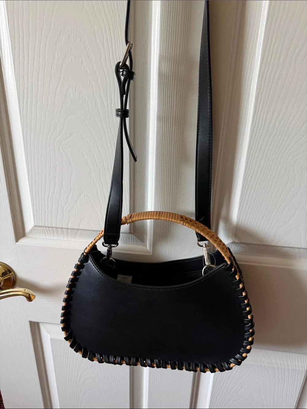 BCBG Black Wicker Whipstitch Handbag Faux Leather Rattan Crossbody Bag NWT